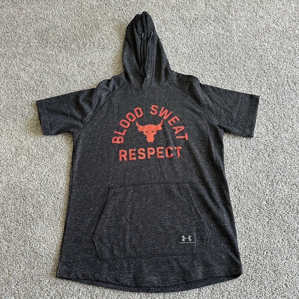 Project Rock Hoodie SZ L Short Sleeve Gym Blood Sweat Respect Under Armour‎